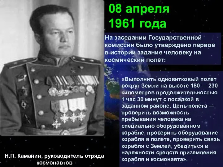 На заседании Государственной комиссии было утверждено первое в истории задание человеку