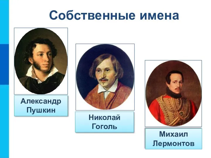 Собственные имена Александр Пушкин Михаил Лермонтов Николай Гоголь