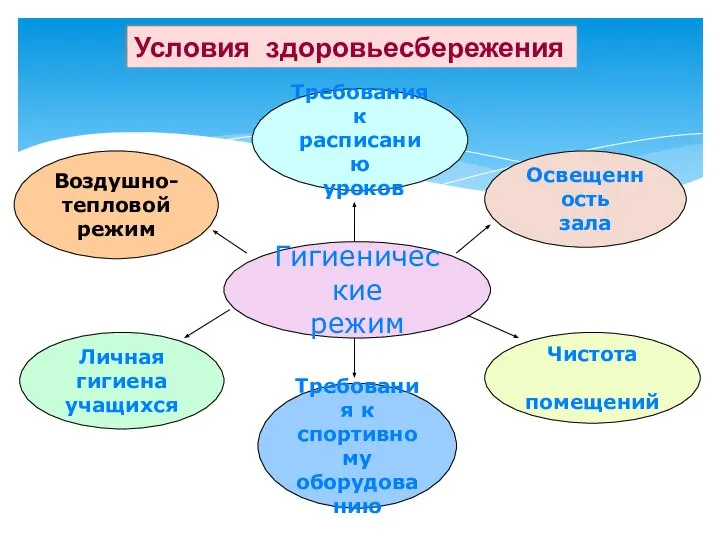 Условия здоровьесбережения Требования к расписанию уроков Воздушно- тепловой режим Личная гигиена