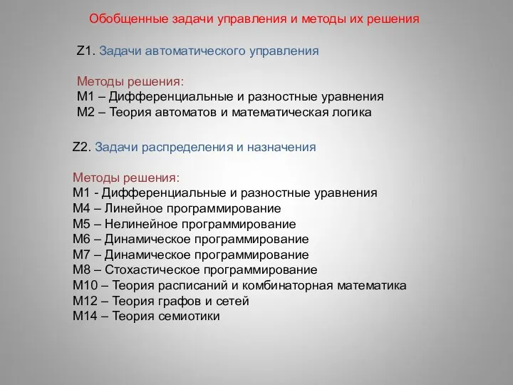 Обобщенные задачи управления и методы их решения Z1. Задачи автоматического управления