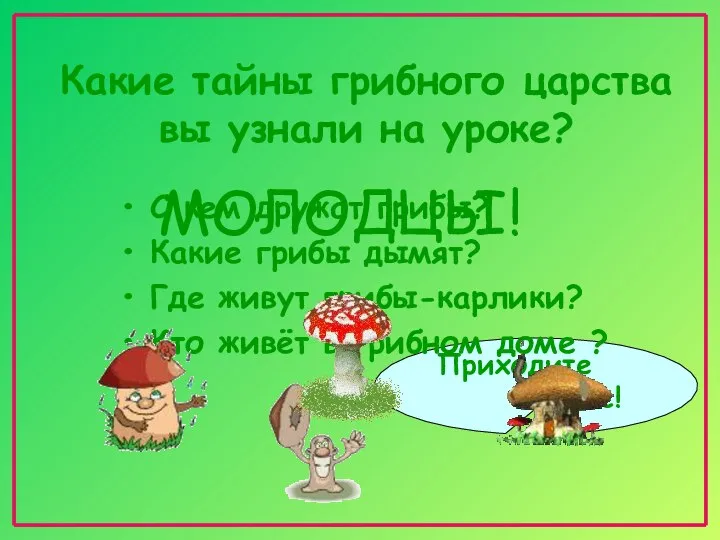 Какие тайны грибного царства вы узнали на уроке? Приходите в лес!