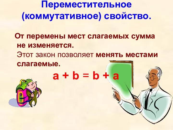 Переместительное (коммутативное) свойство. От перемены мест слагаемых сумма не изменяется. Этот