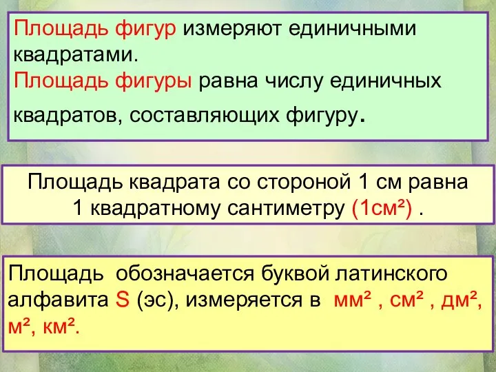 Площадь обозначается буквой латинского алфавита S (эс), измеряется в мм² ,