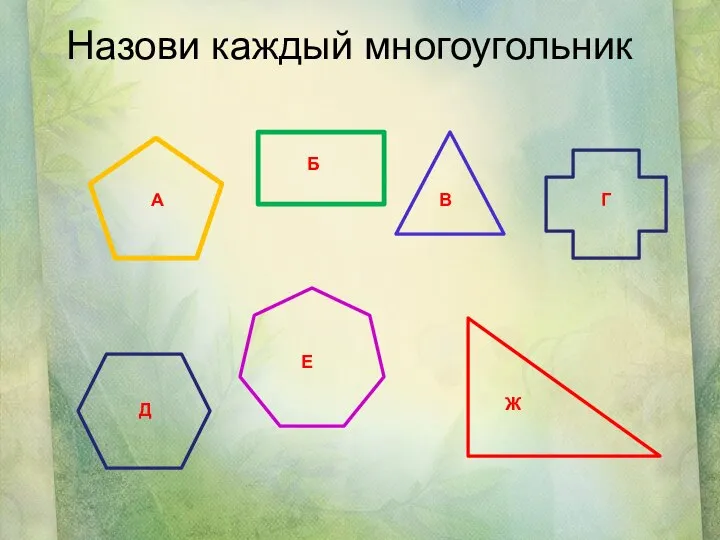 Назови каждый многоугольник А Б В Г Д Е Ж