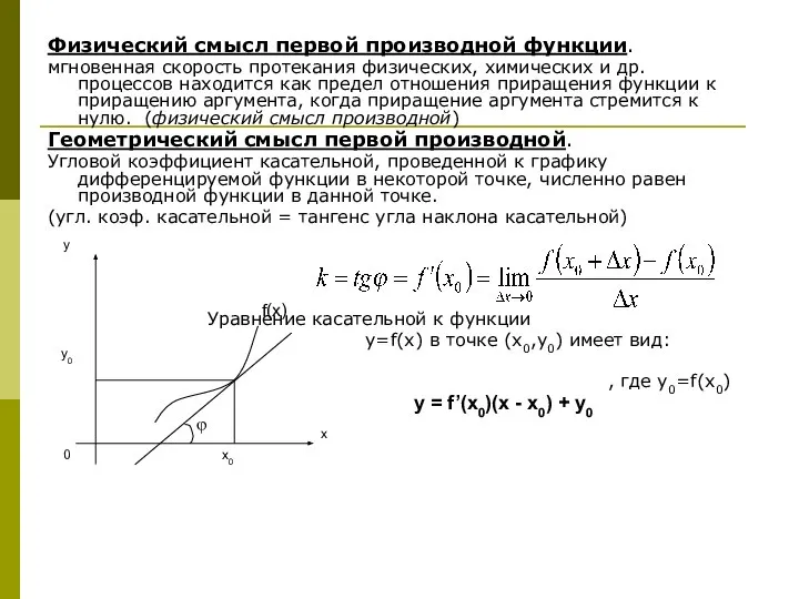 Физический смысл первой производной функции. мгновенная скорость протекания физических, химических и