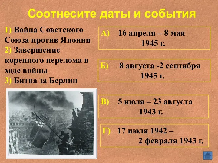 Соотнесите даты и события 1) Война Советского Союза против Японии 2)