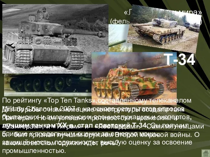 «Лучший танк мира» (фельдмаршал фон Клейст) По рейтингу «Top Ten Tanks»,составленному