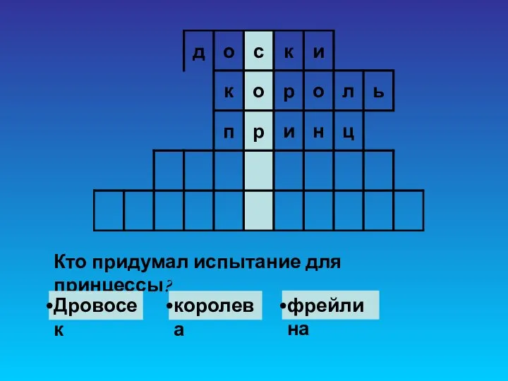 Кто придумал испытание для принцессы? Дровосек королева фрейлина