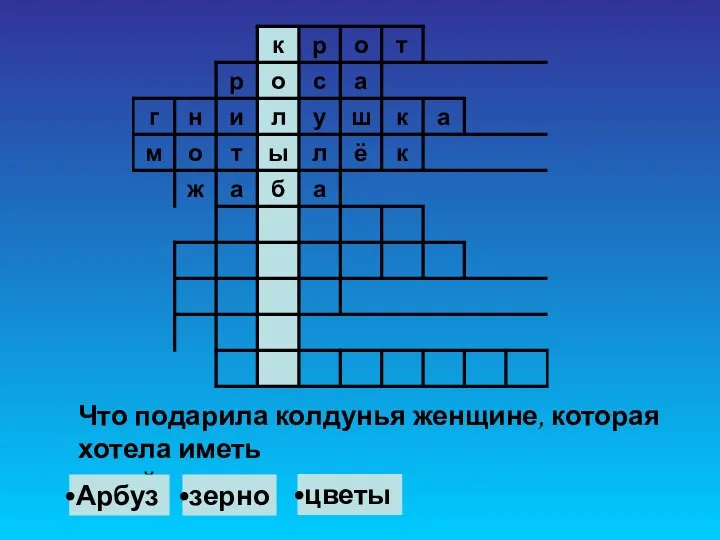 Что подарила колдунья женщине, которая хотела иметь детей? Арбуз зерно цветы