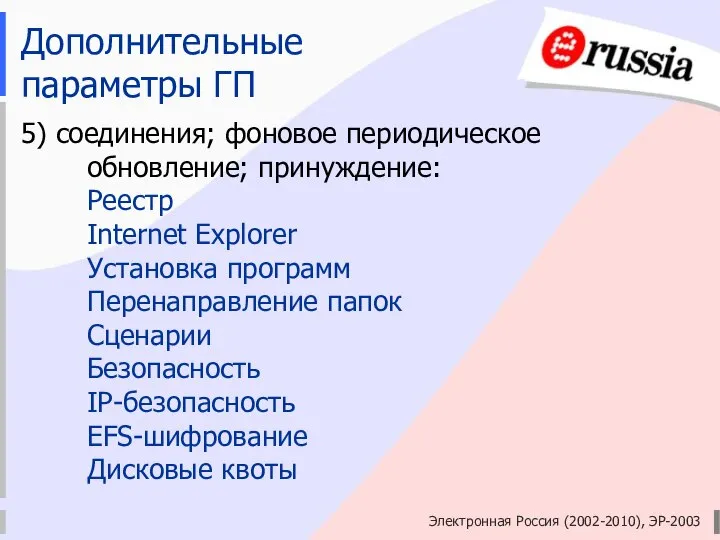 Электронная Россия (2002-2010), ЭР-2003 Дополнительные параметры ГП 5) соединения; фоновое периодическое