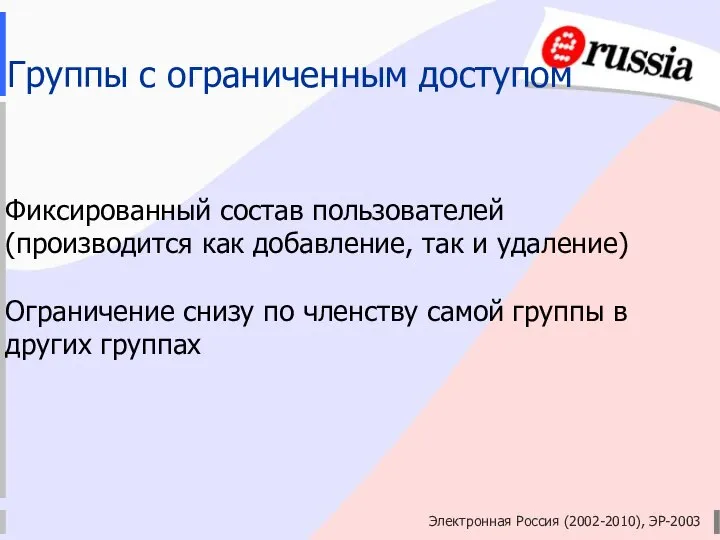Электронная Россия (2002-2010), ЭР-2003 Группы с ограниченным доступом Фиксированный состав пользователей