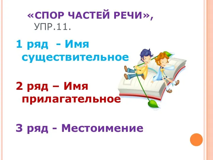 «СПОР ЧАСТЕЙ РЕЧИ», УПР.11. 1 ряд - Имя существительное 2 ряд