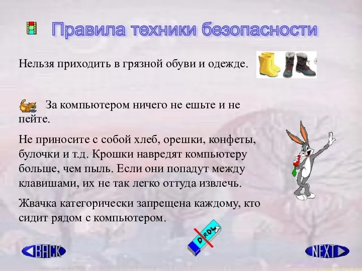 Правила техники безопасности Нельзя приходить в грязной обуви и одежде. За