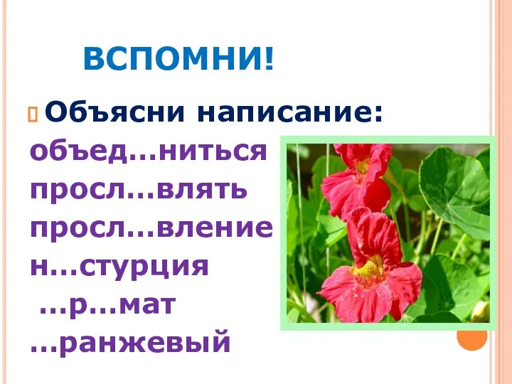 ВСПОМНИ! Объясни написание: объед…ниться просл…влять просл…вление н…стурция …р…мат …ранжевый