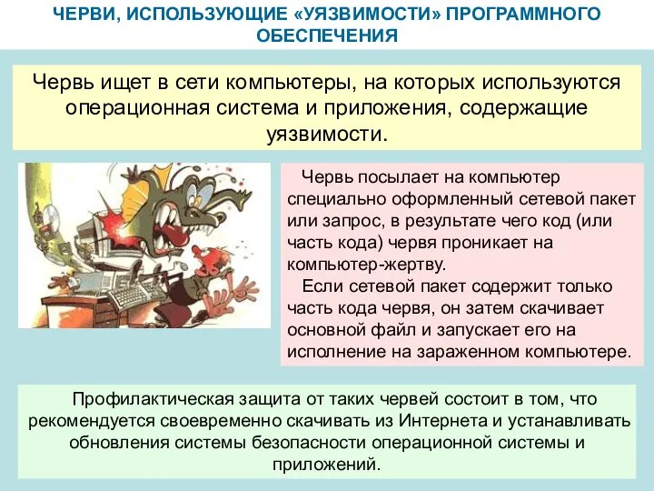 ЧЕРВИ, ИСПОЛЬЗУЮЩИЕ «УЯЗВИМОСТИ» ПРОГРАММНОГО ОБЕСПЕЧЕНИЯ Червь ищет в сети компьютеры, на