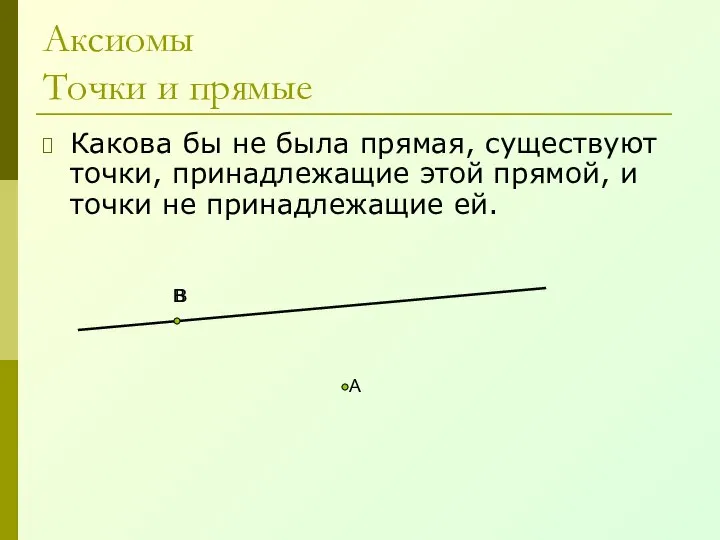 Аксиомы Точки и прямые Какова бы не была прямая, существуют точки,