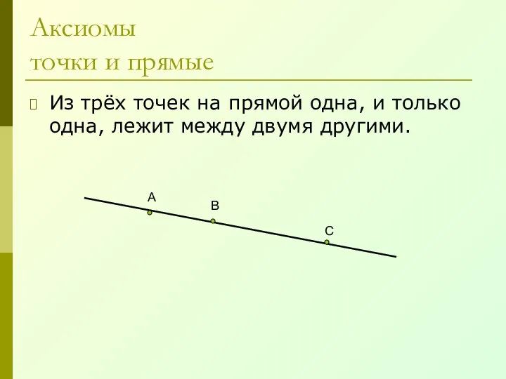 Аксиомы точки и прямые Из трёх точек на прямой одна, и