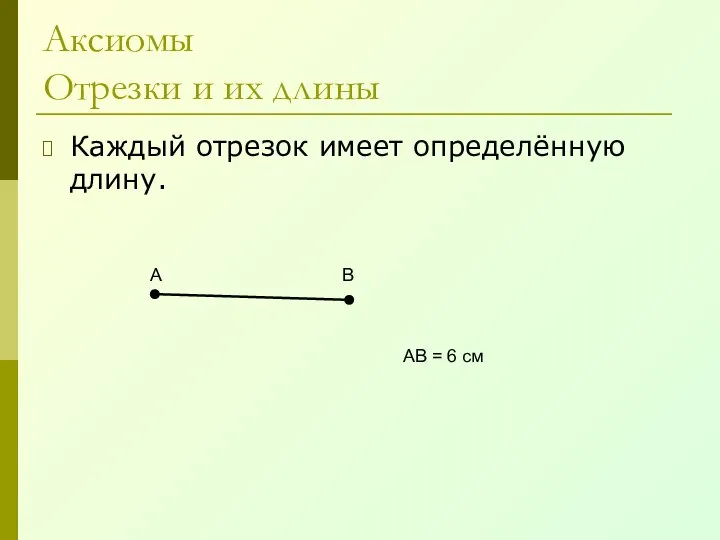 Аксиомы Отрезки и их длины Каждый отрезок имеет определённую длину. А В АВ = 6 см