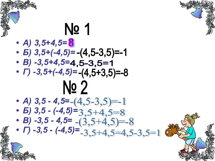 № 1 А) 3,5+4,5= Б) 3,5+(-4,5)= В) -3,5+4,5= Г) -3,5+(-4,5)= А)