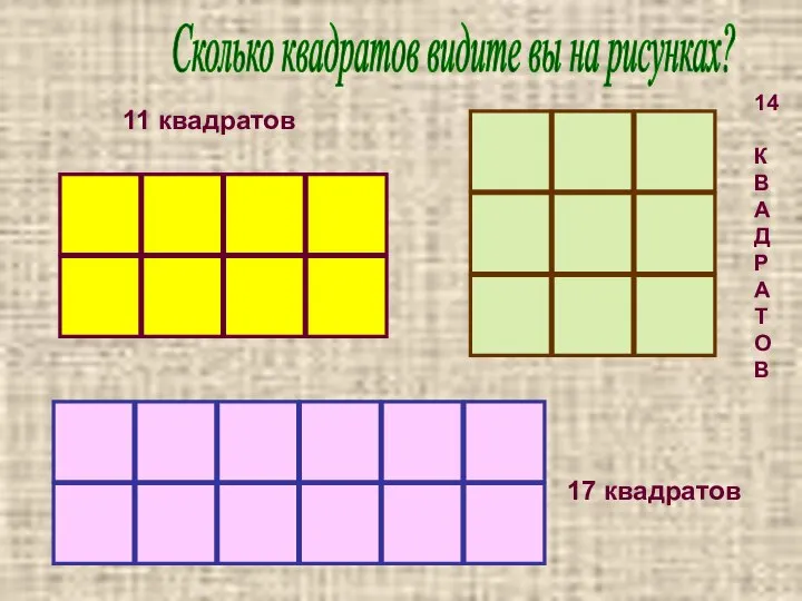 Сколько квадратов видите вы на рисунках? 11 квадратов 14 К В