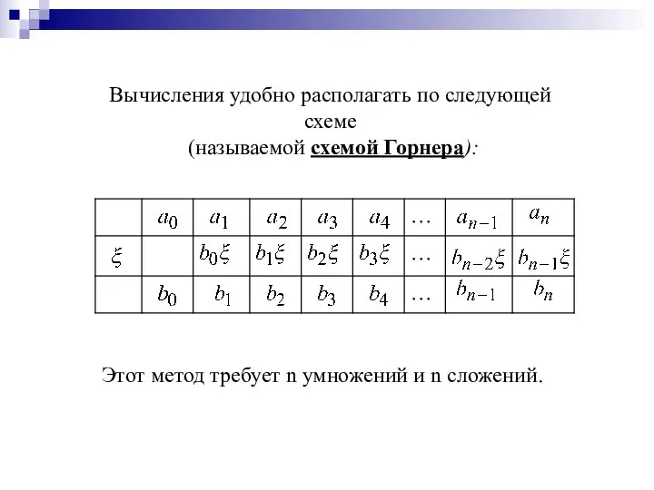 Вычисления удобно располагать по следующей схеме (называемой схемой Горнера): Этот метод