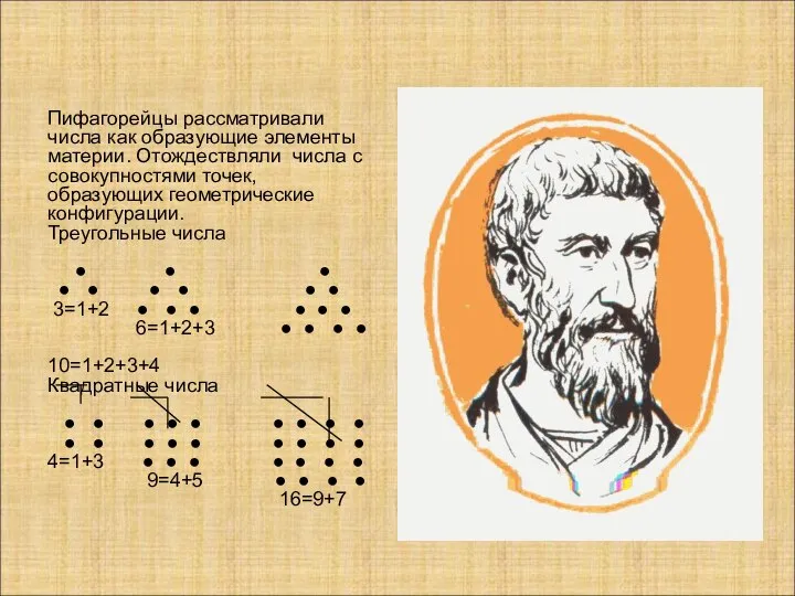 Пифагорейцы рассматривали числа как образующие элементы материи. Отождествляли числа с совокупностями