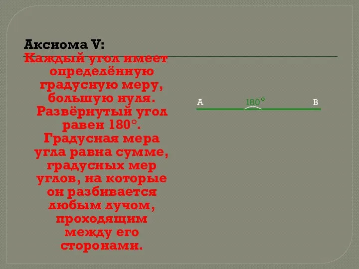 Аксиома V: Каждый угол имеет определённую градусную меру, большую нуля. Развёрнутый