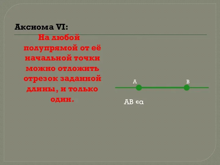 Аксиома VI: На любой полупрямой от её начальной точки можно отложить