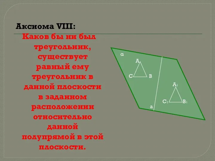 Аксиома VIII: Каков бы ни был треугольник, существует равный ему треугольник