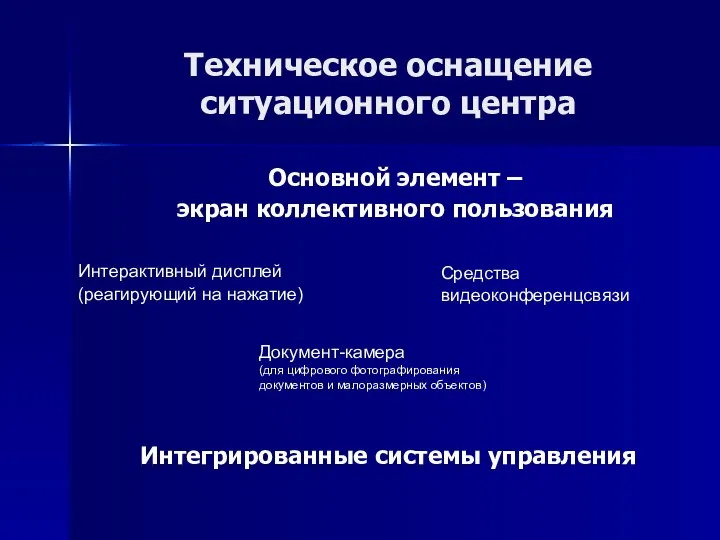 Техническое оснащение ситуационного центра Основной элемент – экран коллективного пользования Интерактивный