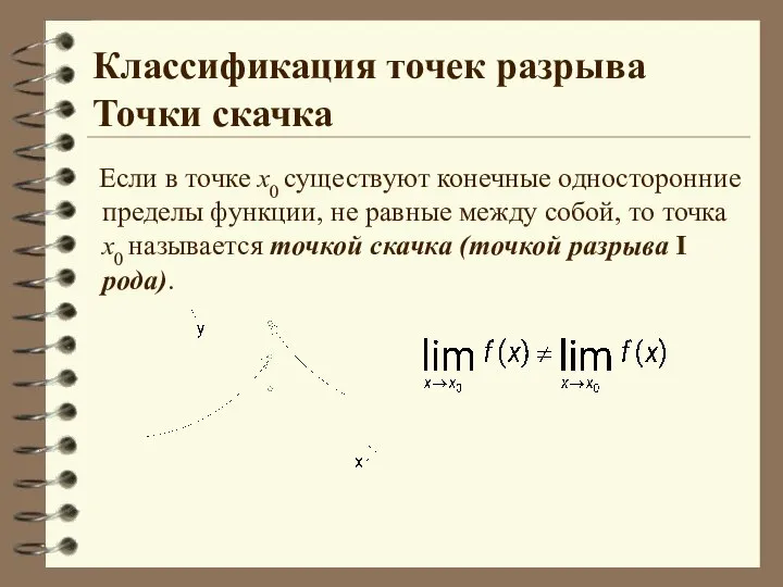 Классификация точек разрыва Точки скачка Если в точке х0 существуют конечные