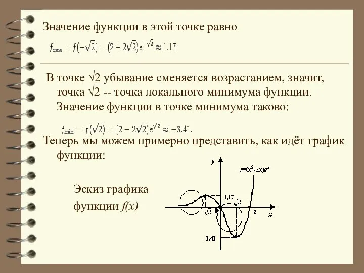 Значение функции в этой точке равно В точке √2 убывание сменяется