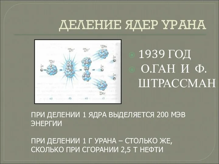 ДЕЛЕНИЕ ЯДЕР УРАНА 1939 ГОД О.ГАН И Ф. ШТРАССМАН ПРИ ДЕЛЕНИИ