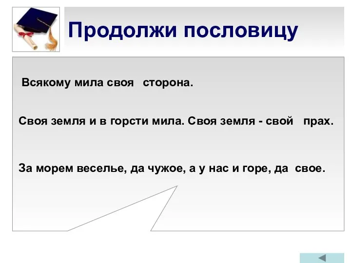 Продолжи пословицу Всякому мила своя Своя земля и в горсти мила.