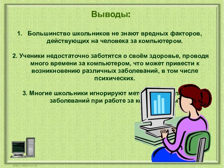 Выводы: Большинство школьников не знают вредных факторов, действующих на человека за