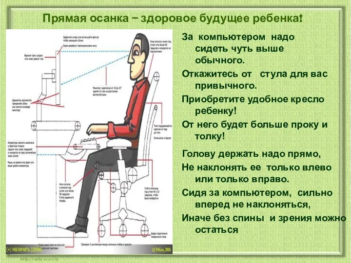 Прямая осанка – здоровое будущее ребенка! За компьютером надо сидеть чуть