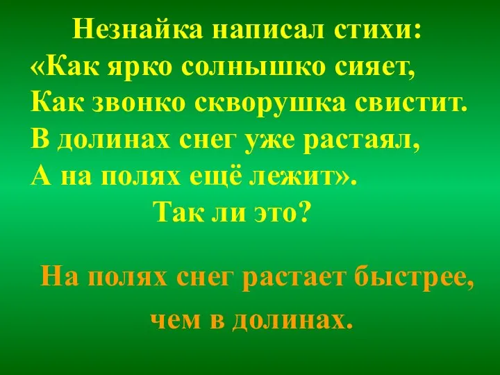 Незнайка написал стихи: «Как ярко солнышко сияет, Как звонко скворушка свистит.