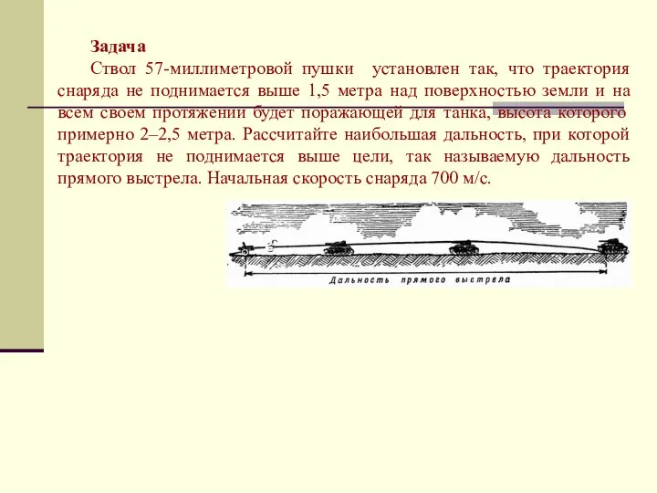 Задача Ствол 57-миллиметровой пушки установлен так, что траектория снаряда не поднимается