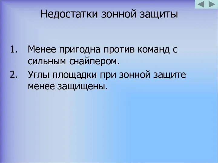 Недостатки зонной защиты Менее пригодна против команд с сильным снайпером. Углы