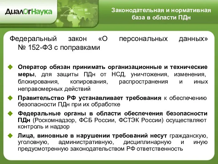 Законодательная и нормативная база в области ПДн Федеральный закон «О персональных