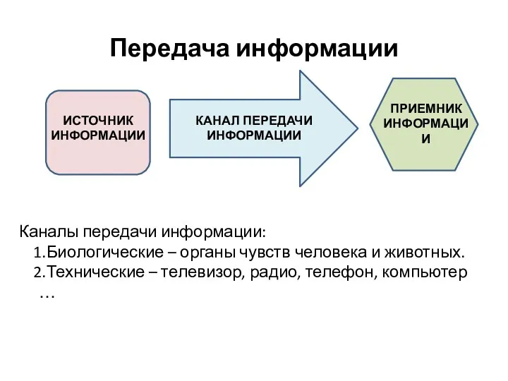 Передача информации Каналы передачи информации: Биологические – органы чувств человека и