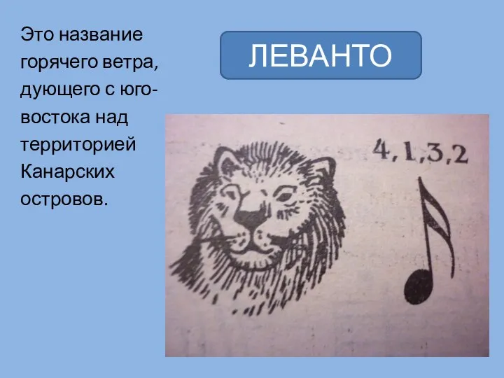 Это название горячего ветра, дующего с юго- востока над территорией Канарских островов. ЛЕВАНТО