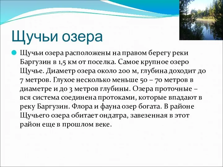 Щучьи озера Щучьи озера расположены на правом берегу реки Баргузин в