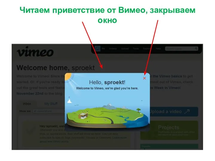 Читаем приветствие от Вимео, закрываем окно