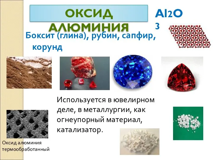 ОКСИД АЛЮМИНИЯ Al2O3 Боксит (глина), рубин, сапфир, корунд Используется в ювелирном