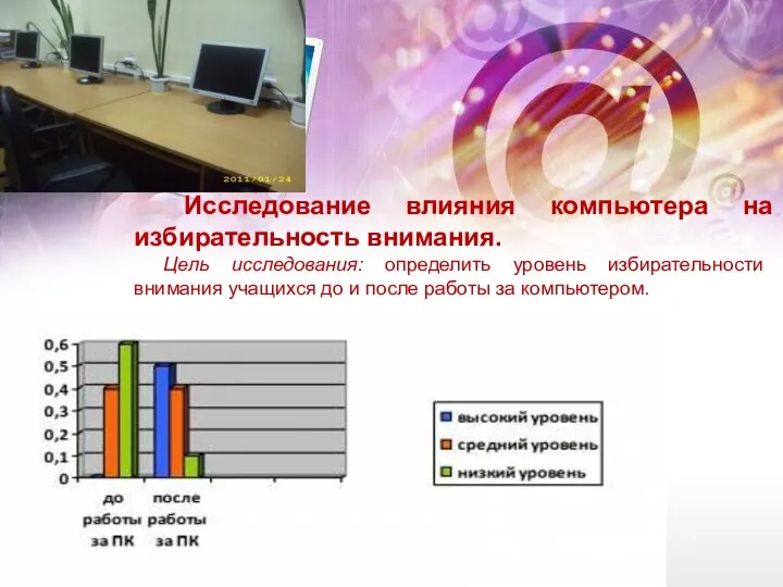 Исследование влияния компьютера на избирательность внимания. Цель исследования: определить уровень избирательности