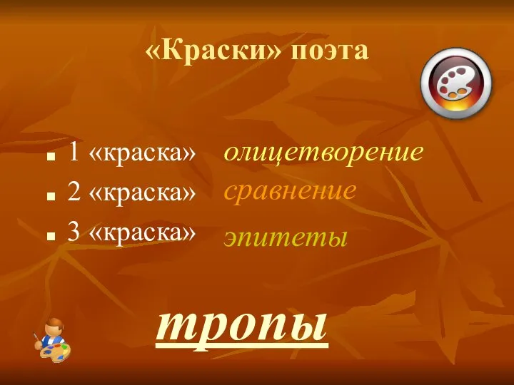 «Краски» поэта 1 «краска» 2 «краска» 3 «краска» олицетворение сравнение эпитеты тропы