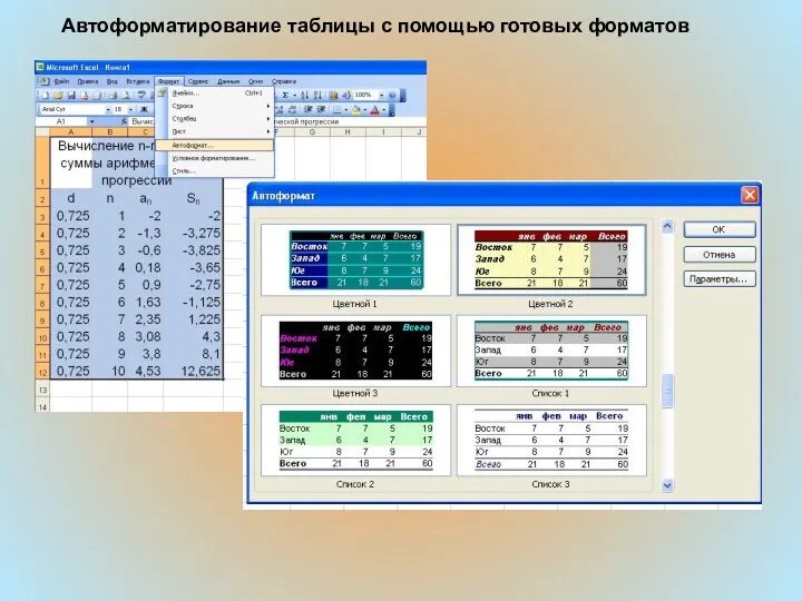 Автоформатирование таблицы с помощью готовых форматов