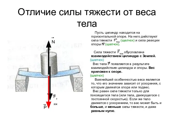 Отличие силы тяжести от веса тела Пусть цилиндр находится на горизонтальной