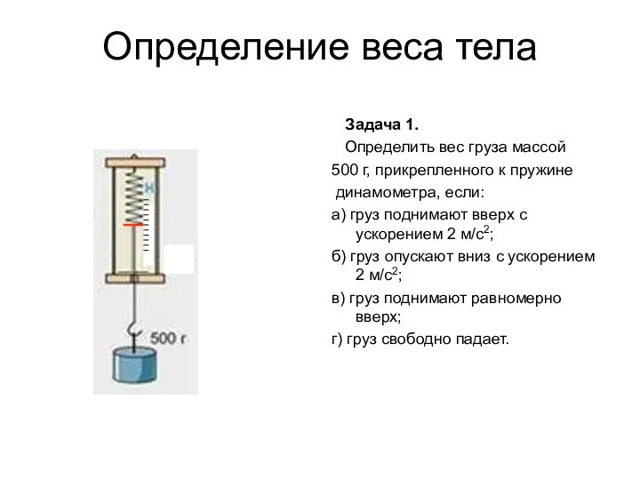 Определение веса тела Задача 1. Определить вес груза массой 500 г,